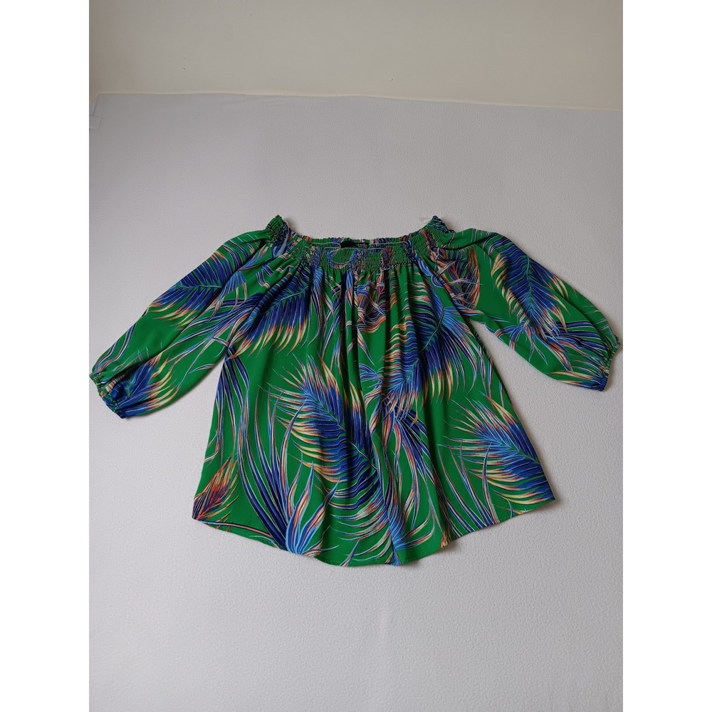 Ariella Tropical Palm Leaf Off The Shoulder Smocked Top Green Blue Small USA